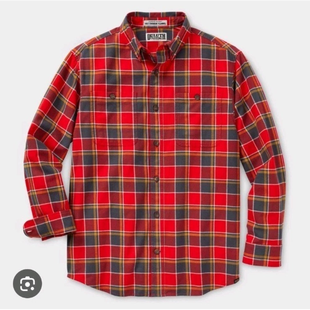 Duluth Trading Co. Red Gray Plaid Free Swingin' Flannel Button Up Shirt Size XL